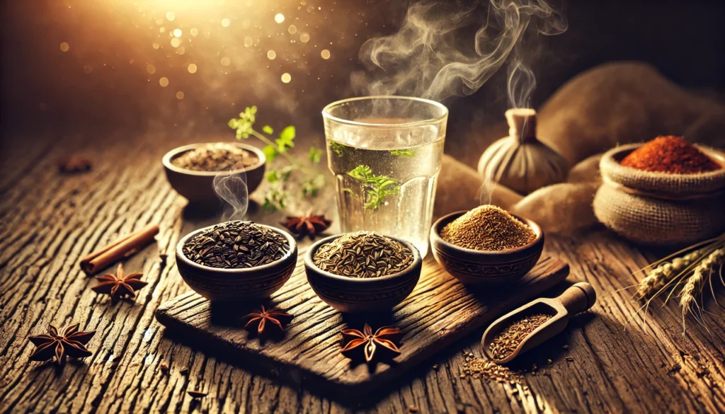 traditional Indian kitchen setup with ajwain (carom seeds), saunf (fennel seeds), and hing (asafoetida) in