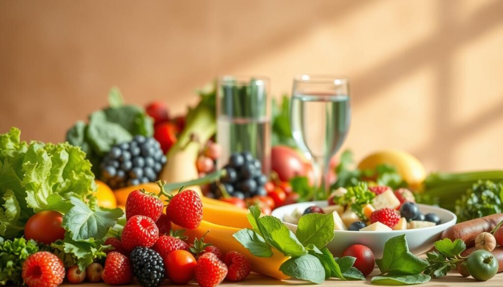 A vibrant and harmonious still life depicting an array of fresh, wholesome ingredients symbolizing a balanced diet and healthy lifestyle change. In the foreground, an assortment of colorful fruits and vegetables, such as crisp leafy greens, juicy berries, and crunchy vegetables, arranged in an artful composition. In the middle ground, a glass of clear, refreshing water and a plate showcasing a nutritious meal, perhaps a hearty salad or a light, nourishing dish. The background features a warm, natural lighting, casting a soft, inviting glow and evoking a sense of simplicity and well-being. The overall scene conveys a message of transformation, where a conscious choice to embrace a healthier dietary approach can lead to the gradual reduction of unwanted abdominal fat.